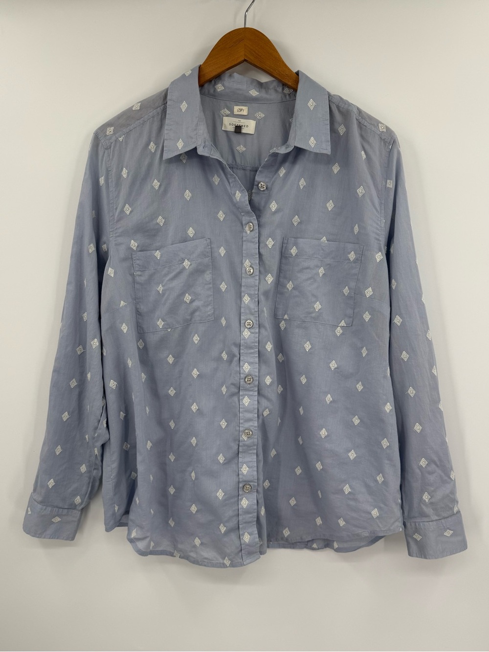 LOFT The Softened Shirt Cotton Diamond Embroided Button Up | Light Blue | XL
